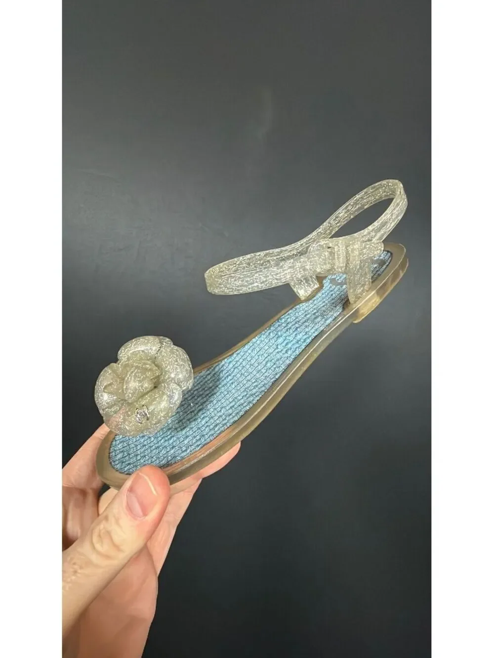 Chanel Blue Glitter Camellia Jelly Sandals Size 35
